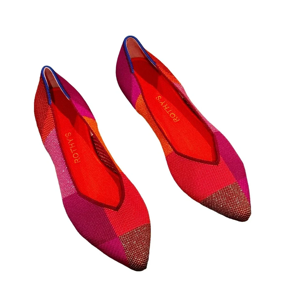 Rothy's The Point Ballet Flat Plaid Metallic Pomegranate Size W10.5 NWOT